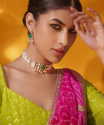 Gold plated green stone kundan necklace set 2
