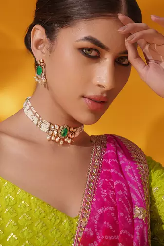 Gold plated green stone kundan necklace set