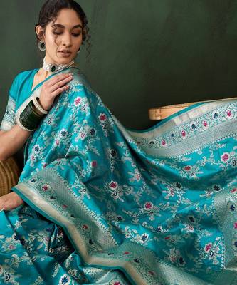 women's teal soft banarasi art silk weaving saree     timeless teal banarasi 3