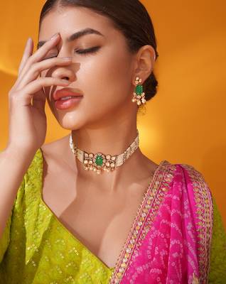 Gold plated green stone kundan necklace set 3