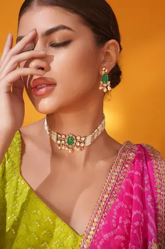 Gold plated green stone kundan necklace set