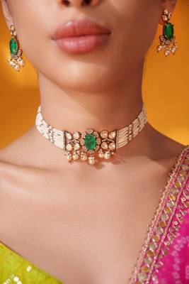 Gold plated green stone kundan necklace set 4