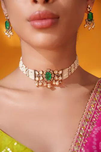 Gold plated green stone kundan necklace set