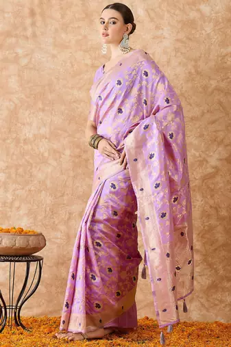 women's lavender banarasi art silk saree with exquisite weaving work 