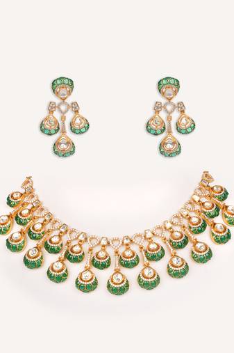 Gold plated green stone kundan necklace set