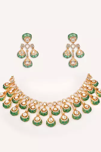 Gold plated green stone kundan necklace set