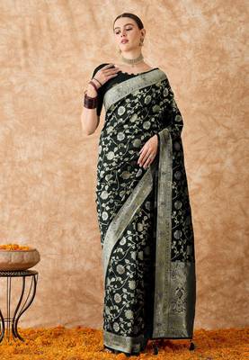 elegant black banarasi art silk saree with intricate weaving  2