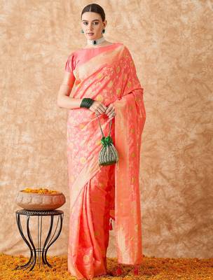 stylish peach banarasi art silk saree with weaving detailing  1