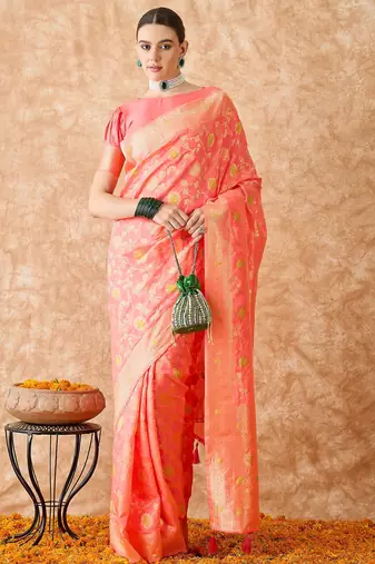 stylish peach banarasi art silk saree with weaving detailing 