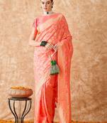 stylish peach banarasi art silk saree with weaving detailing 