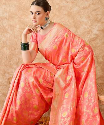 stylish peach banarasi art silk saree with weaving detailing  2