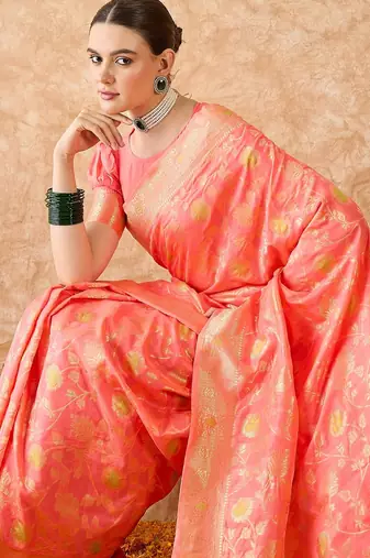 stylish peach banarasi art silk saree with weaving detailing 
