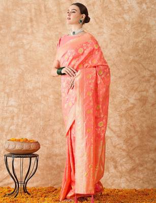 stylish peach banarasi art silk saree with weaving detailing  3