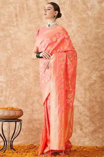 stylish peach banarasi art silk saree with weaving detailing 