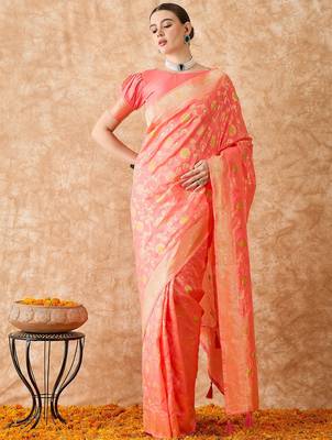 stylish peach banarasi art silk saree with weaving detailing  4