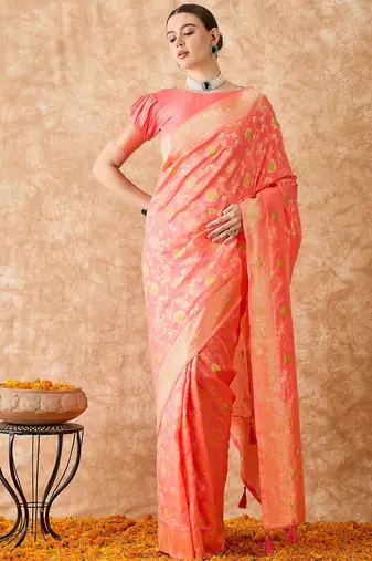 stylish peach banarasi art silk saree with weaving detailing 