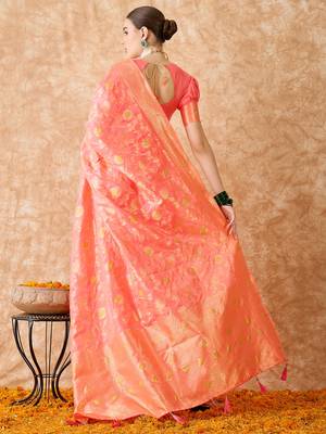 stylish peach banarasi art silk saree with weaving detailing  5