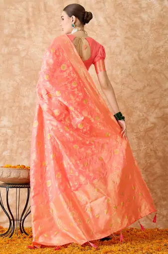 stylish peach banarasi art silk saree with weaving detailing 