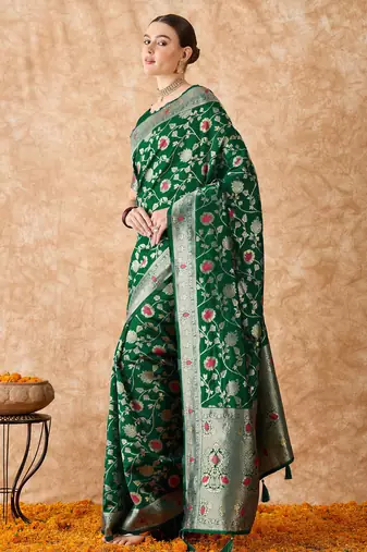 women's green banarasi art silk saree with premium weaving work 