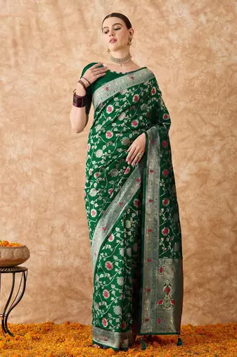 women's green banarasi art silk saree with premium weaving work 
