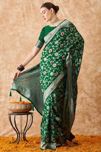 women's green banarasi art silk saree with premium weaving work 