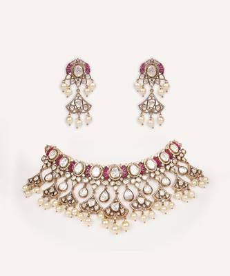 Gold plated pink stone kundan necklace set 1
