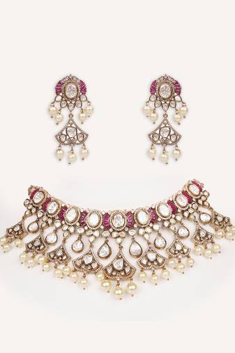 Gold plated pink stone kundan necklace set