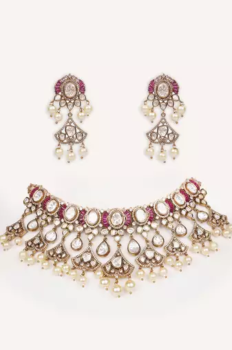 Gold plated pink stone kundan necklace set
