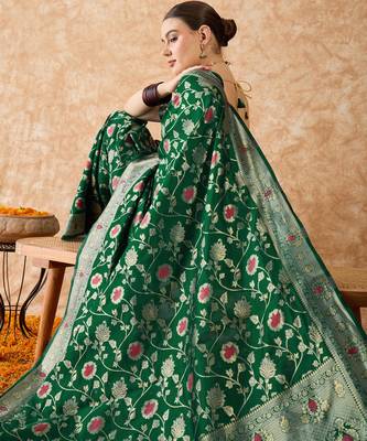 women's green banarasi art silk saree with premium weaving work  4