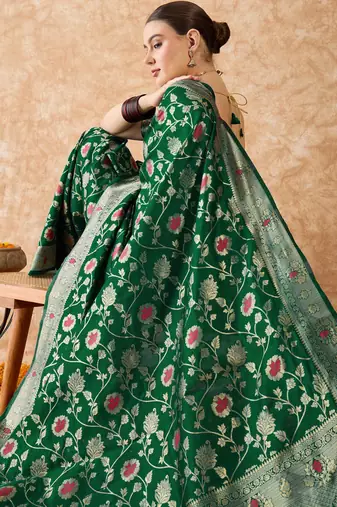 women's green banarasi art silk saree with premium weaving work 