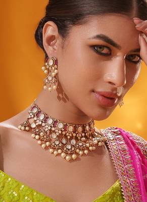 Gold plated pink stone kundan necklace set 2