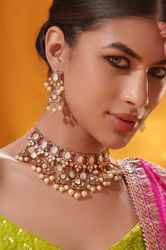 Gold plated pink stone kundan necklace set