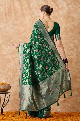 women's green banarasi art silk saree with premium weaving work 
