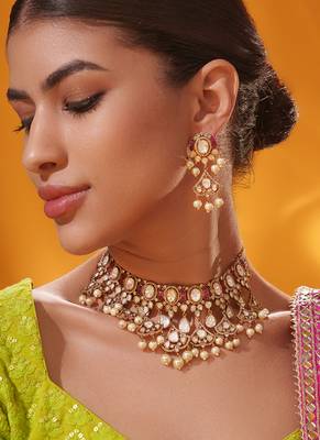 Gold plated pink stone kundan necklace set 3