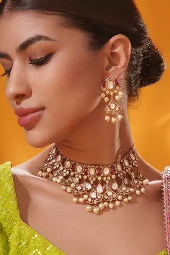 Gold plated pink stone kundan necklace set