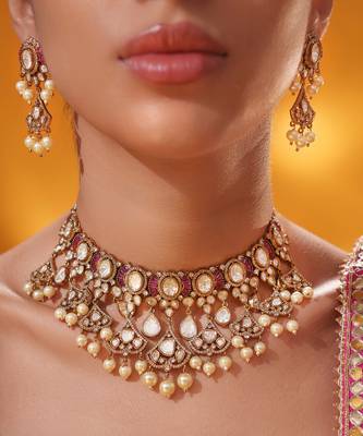 Gold plated pink stone kundan necklace set 4