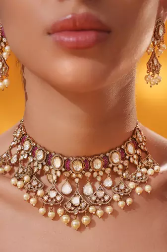 Gold plated pink stone kundan necklace set