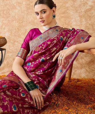 magenta banarasi art silk saree for women with rich weaving  1