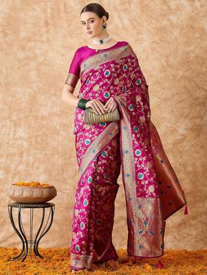 magenta banarasi art silk saree for women with rich weaving  2