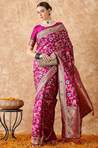 magenta banarasi art silk saree for women with rich weaving 