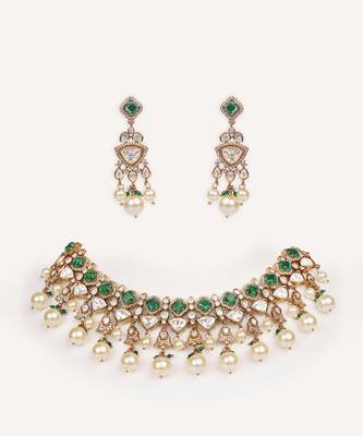Gold plated green stone kundan necklace set 1