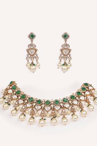 Gold plated green stone kundan necklace set