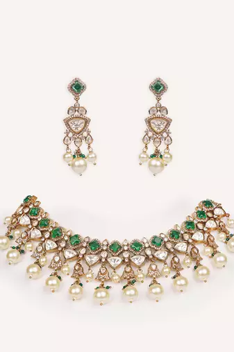 Gold plated green stone kundan necklace set