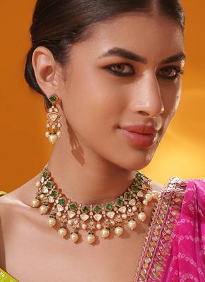 Gold plated green stone kundan necklace set 2