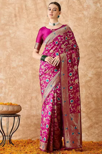 magenta banarasi art silk saree for women with rich weaving 