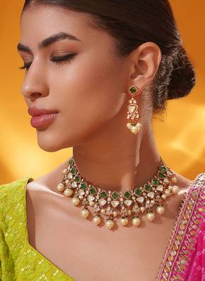 Gold plated green stone kundan necklace set 3