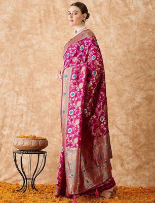magenta banarasi art silk saree for women with rich weaving  4