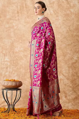magenta banarasi art silk saree for women with rich weaving 
