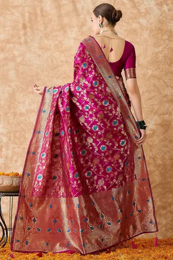 magenta banarasi art silk saree for women with rich weaving 