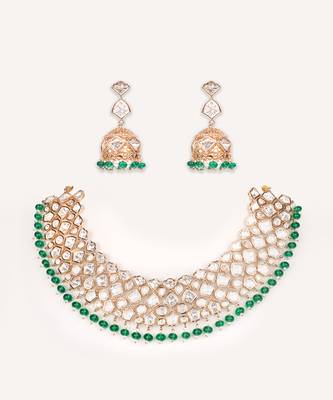 Gold plated green stone kundan necklace set 1